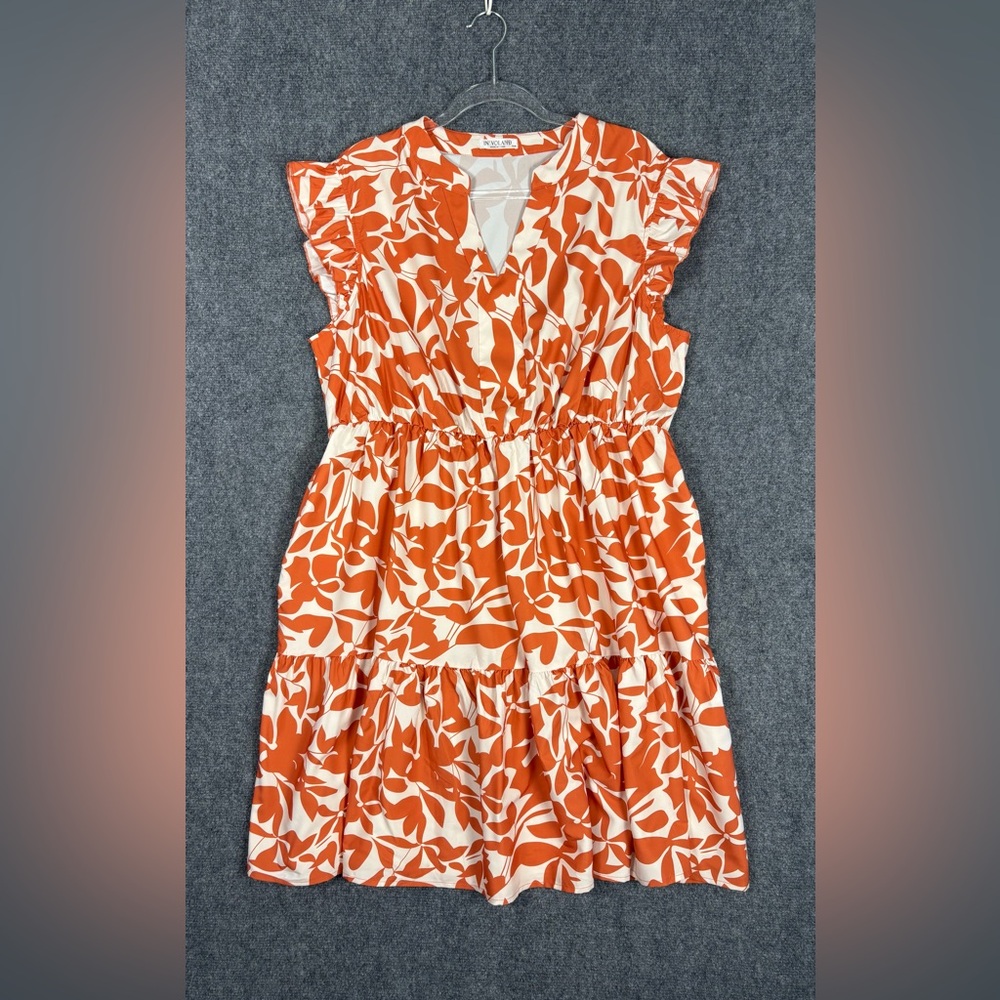 IN’VOLAND Plus Size 18W Orange Floral Tiered Mini Dress Ruffle Sleeve Boho
